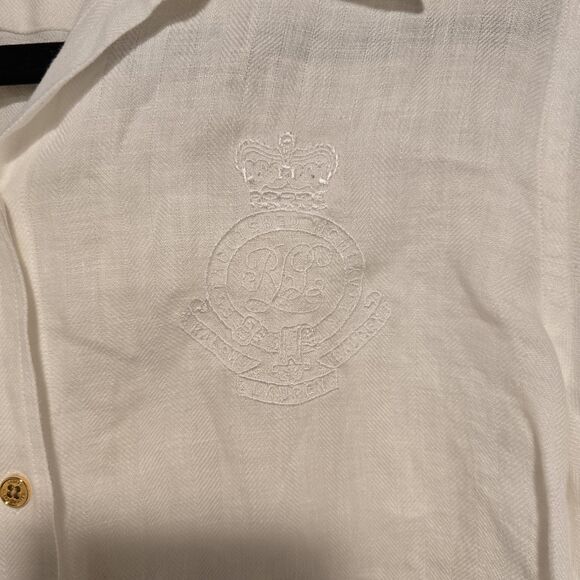 Lauren Ralph Lauren Womens 100% Linen Blouse Shirt Sz M White Embroidered Crest - Picture 2 of 10
